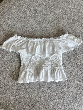Miss Selfridge White Off-Shoulder Ruffle Smocked Crop Top
